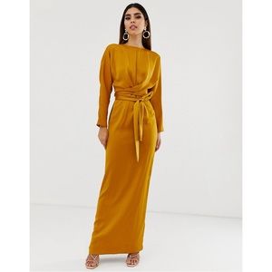 ASOS Design Satin Maxi Dress with Batwing Sleeve in Mustard, Size 12